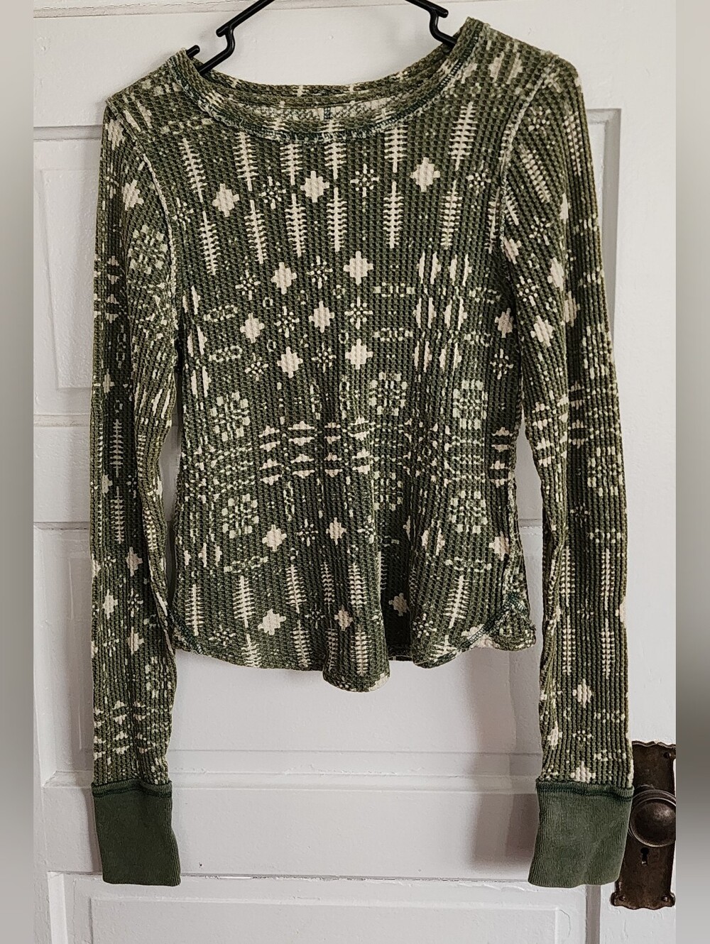 We The Free Olive Green and Cream Patterned Long Sleeve Top